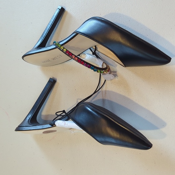 Nine West, black heel slides with rainbow rhinestone strap. 8 - Picture 5 of 10